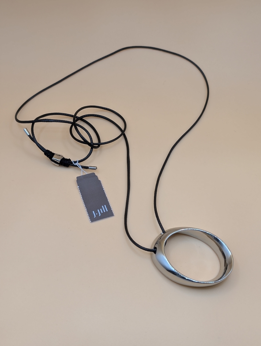 J. Jill Polished Silver Oval Pendant Necklace on Adjustable Black Cord NWT